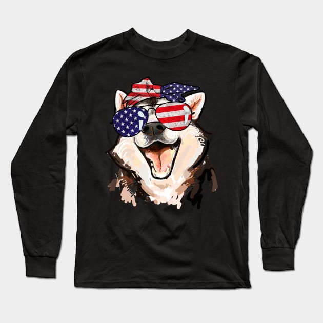 Siberian Husky American Flag Sunglasses July 4th Long Sleeve T-Shirt by Simpsonfft